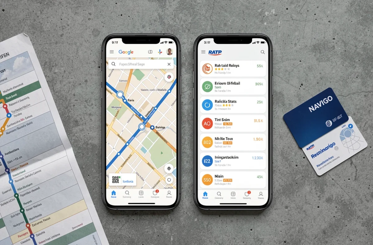 Vue de dessus de deux smartphones affichant Google Maps et l'application RATP en temps réel avec carte de métro et pass Navigo