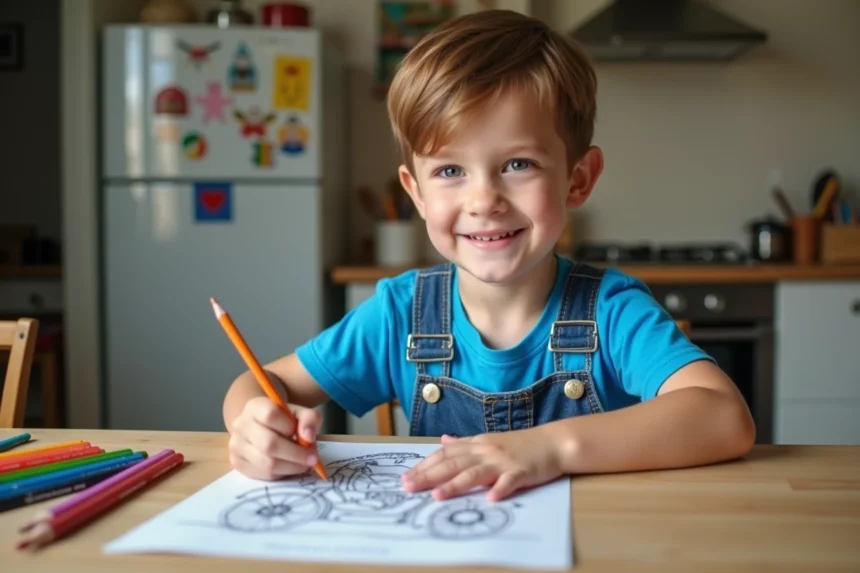 Garçon de 6 ans coloriant une moto avec des crayons