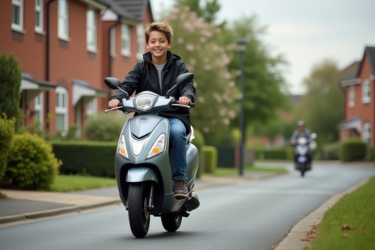 Adolescent en veste sportive roulant en scooter en banlieue