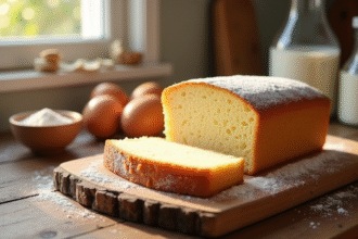 Gâteau éponge nature sans levure sur planche en bois lumineuse