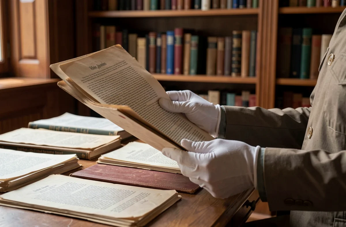 Généalogiste consultant des archives avec des gants blancs