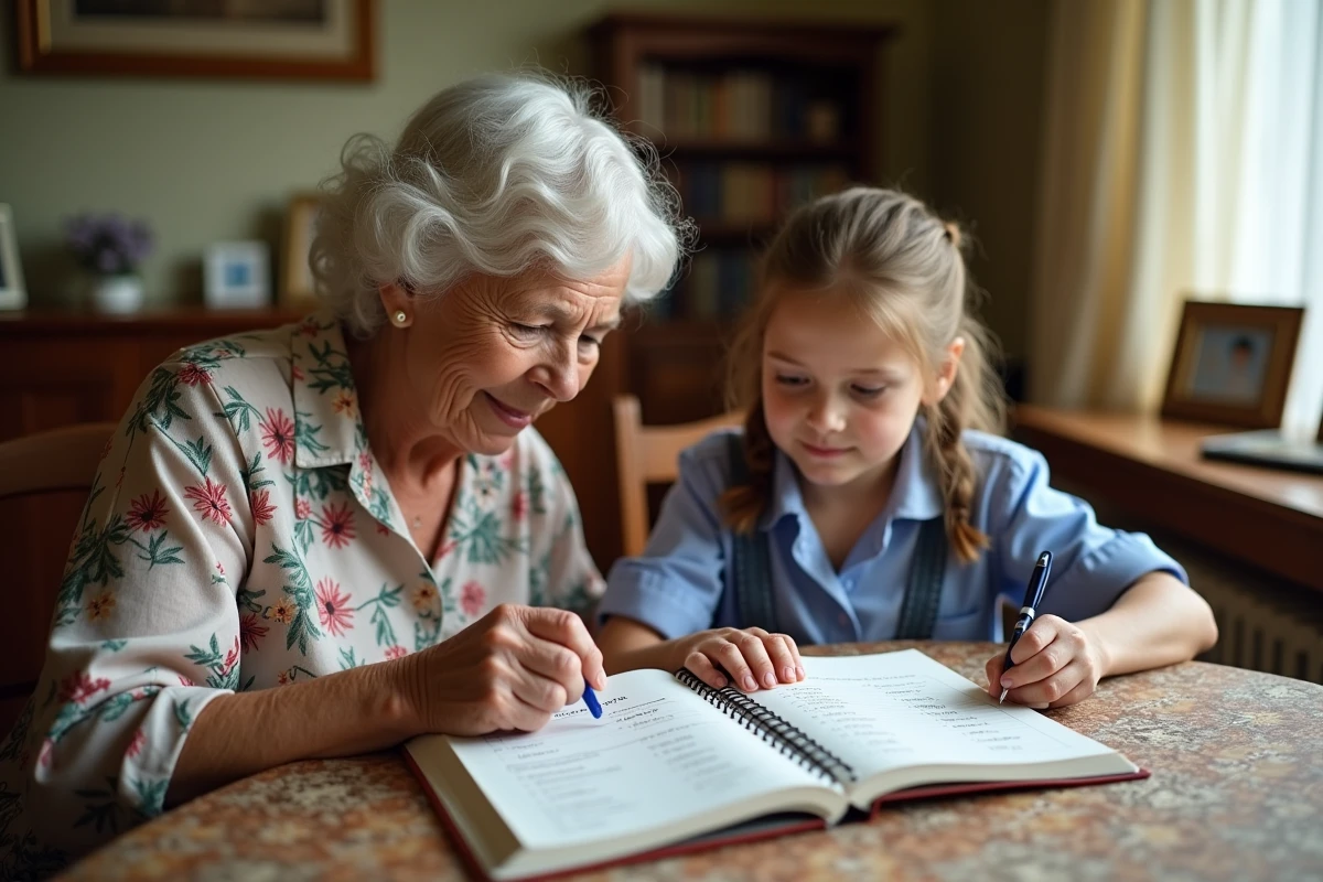 Une grand-mère aide sa petite-fille à comprendre les conversions de millilitres dans son manuel scolaire