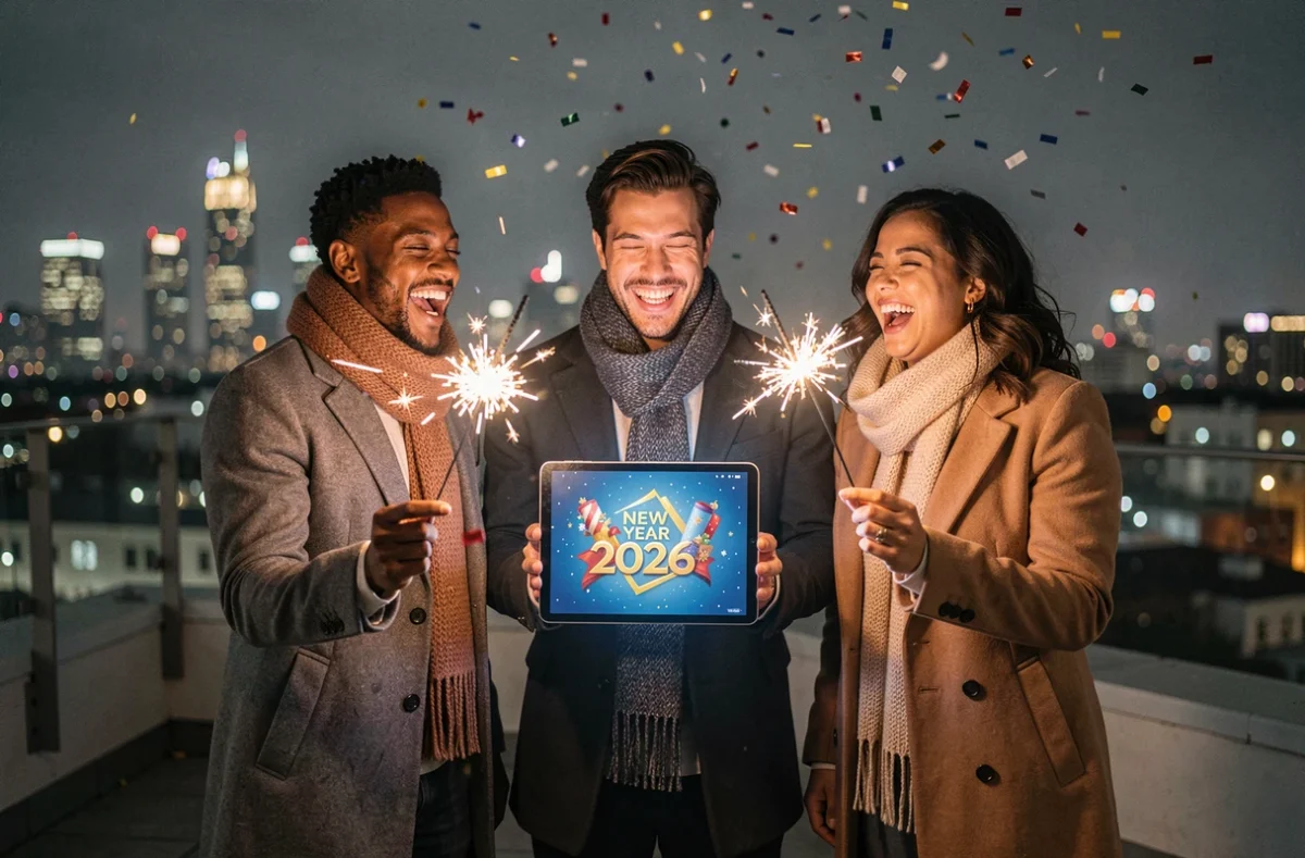 Groupe d'amis célébrant le Nouvel An 2026 avec des cierges magiques et une carte animée sur tablette