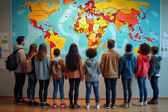 Groupe diversifié devant une carte du monde en intérieur