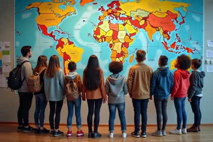 Groupe diversifié devant une carte du monde en intérieur