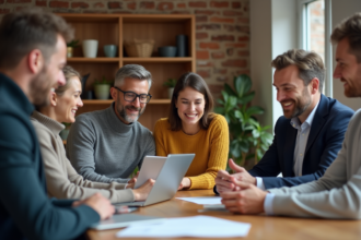 Groupe d'employes français en réunion dans un appartement lumineux