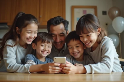 Groupe de famille autour d'une table cuisine regardant un smartphone