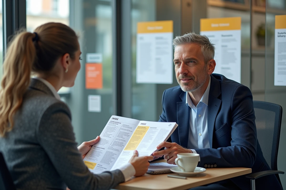 Deux professionnels consultant un guide des professions intermédiaires de l'INSEE dans un bureau institutionnel