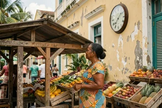 Femme guadeloupéenne consultant l'heure sur une horloge murale au marché de Pointe-à-Pitre