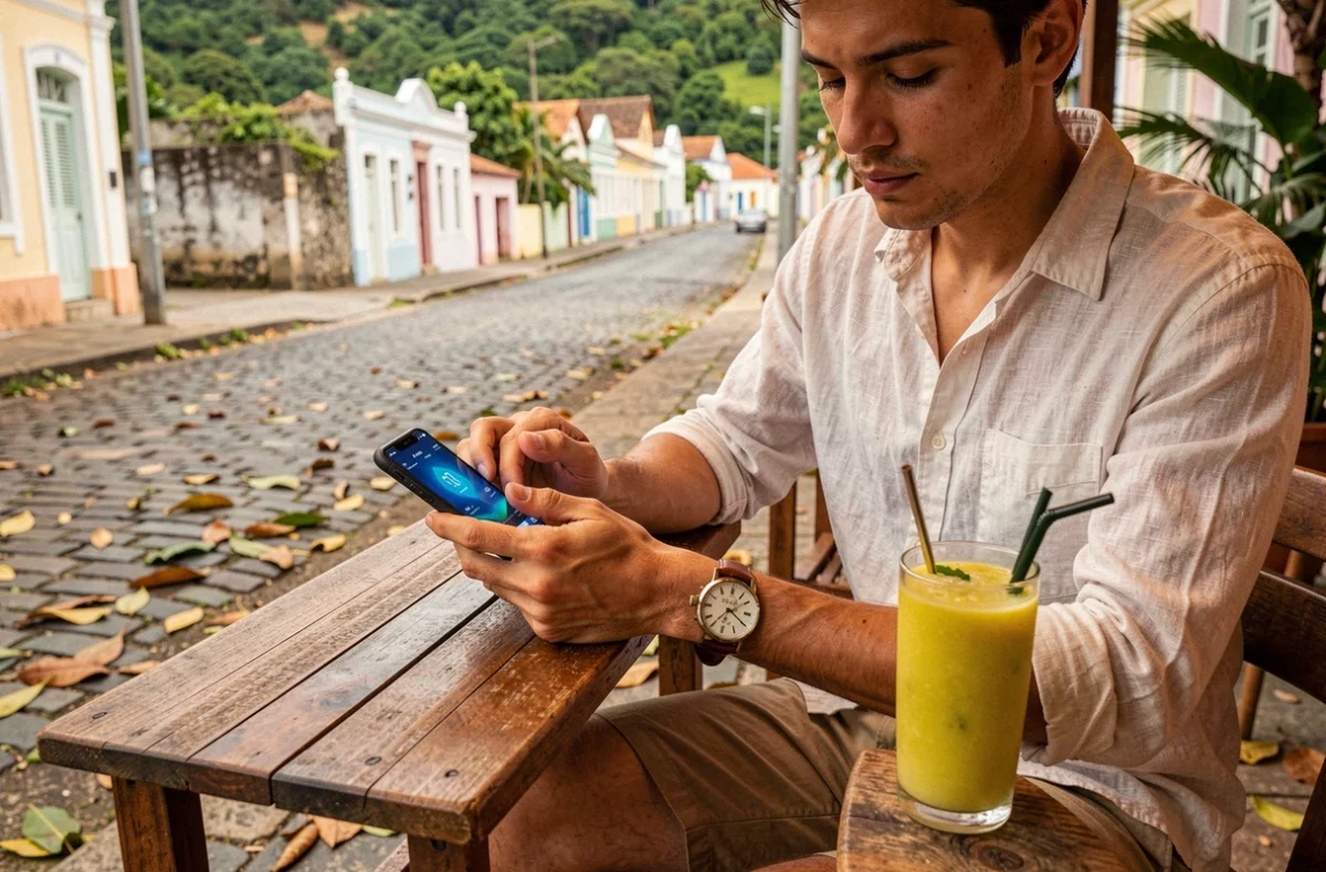 Homme comparant l'heure sur son smartphone et sa montre analogique en terrasse à Basse-Terre en Guadeloupe