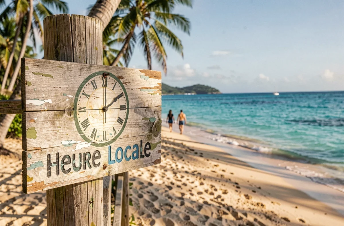 Panneau horloge heure locale sur la plage de Sainte-Anne en Guadeloupe avec vue sur la mer des Caraïbes