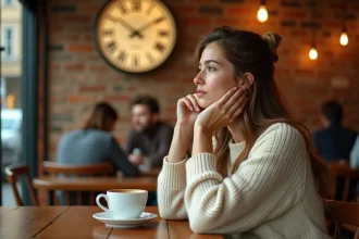 Femme contemplative dans un café regardant une horloge affichant 16h16, illustrant l'heure miroir et ses significations astrologiques