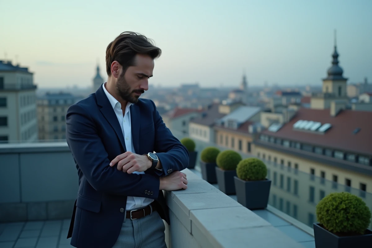 Homme sur une terrasse urbaine consultant sa montre affichant 16h16, symbole de l'heure miroir en astrologie