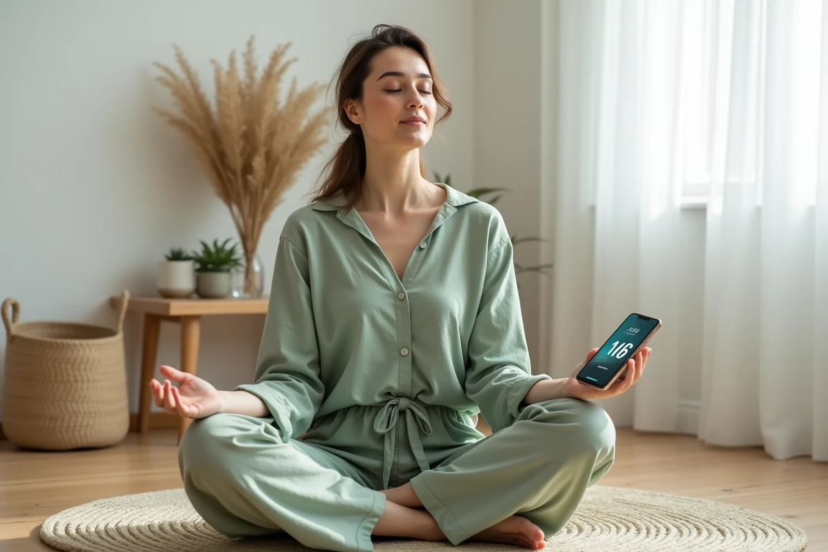 Femme en méditation tenant un téléphone affichant 16h16, représentant la signification spirituelle de l'heure miroir selon les signes astrologiques