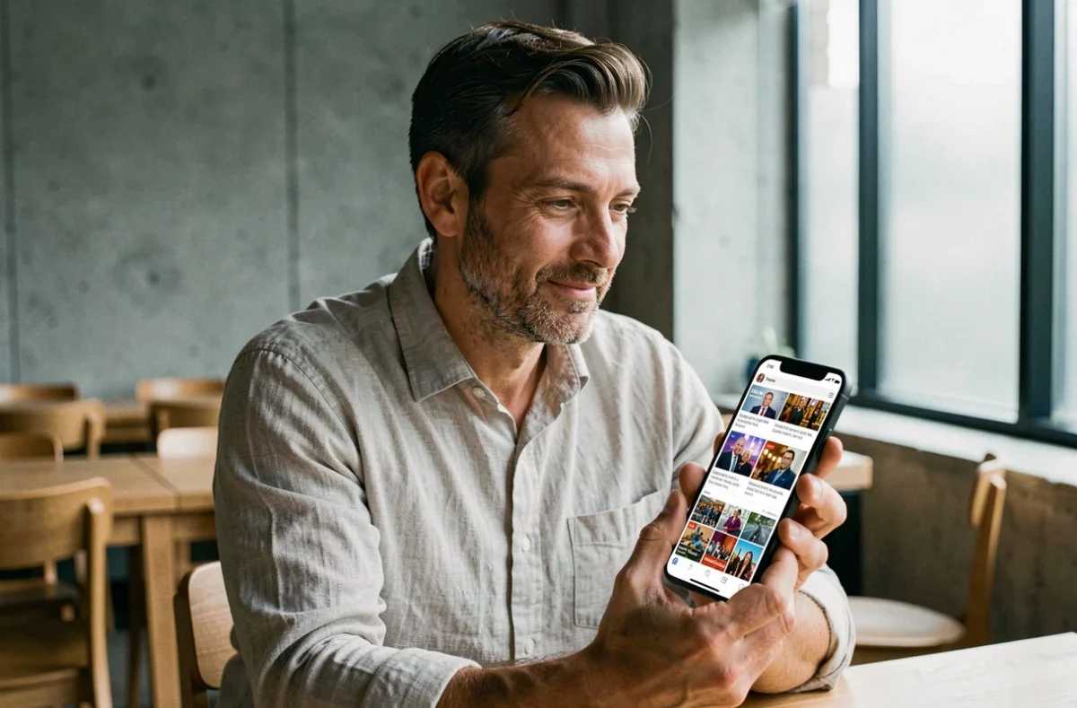 Homme lisant le fil d'actualités Buzzmax quotidien sur son smartphone dans un café moderne et minimaliste