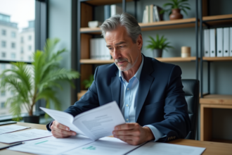 Homme d'affaires en costume bleu examine des documents fiscaux