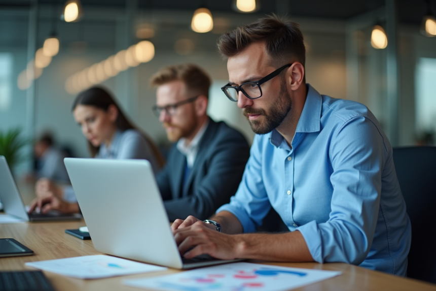 Homme en bleu analysant des graphiques de productivite