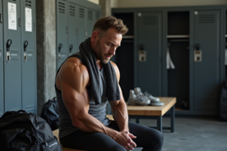 Homme musclé en tenue de sport se reposant dans une salle de gym