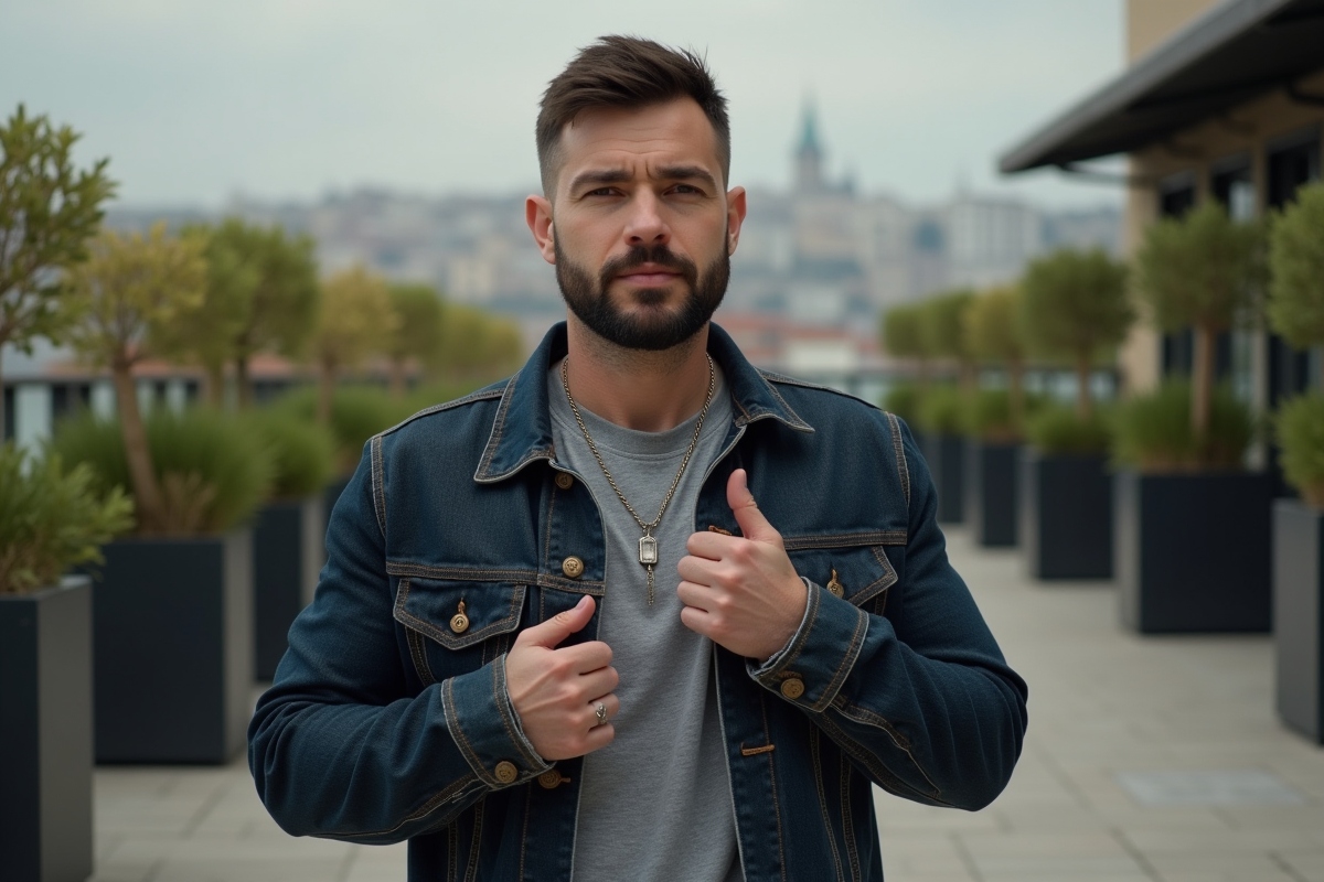 Homme en denim ajuste un collier en extérieur