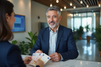 Homme d'âge moyen recevant des euros au guichet bancaire
