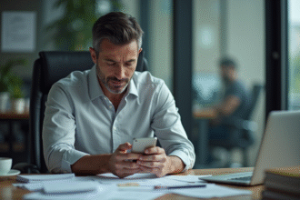 Homme fatigué au bureau avec papiers et téléphone