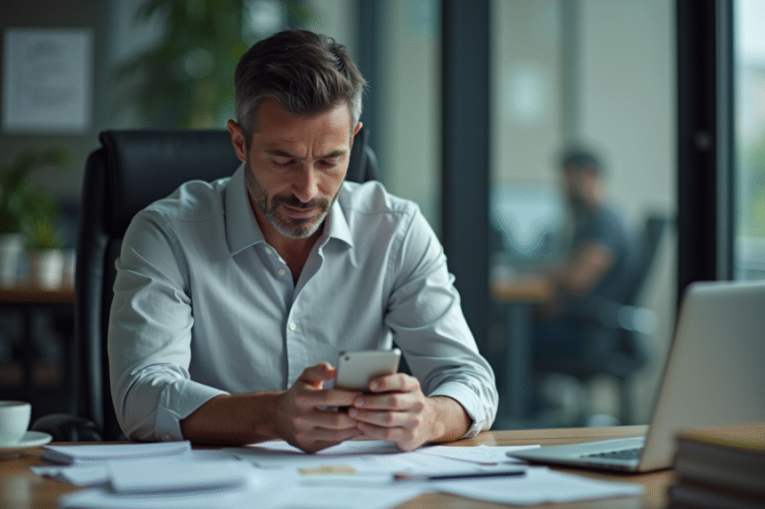 Homme fatigué au bureau avec papiers et téléphone