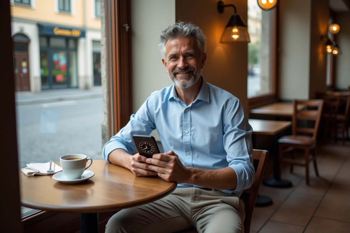 Homme en voyage consultant les fuseaux horaires AM et PM sur son smartphone dans un café européen