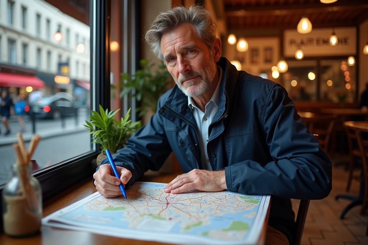 Homme dans un café parisien marque un arrondissement