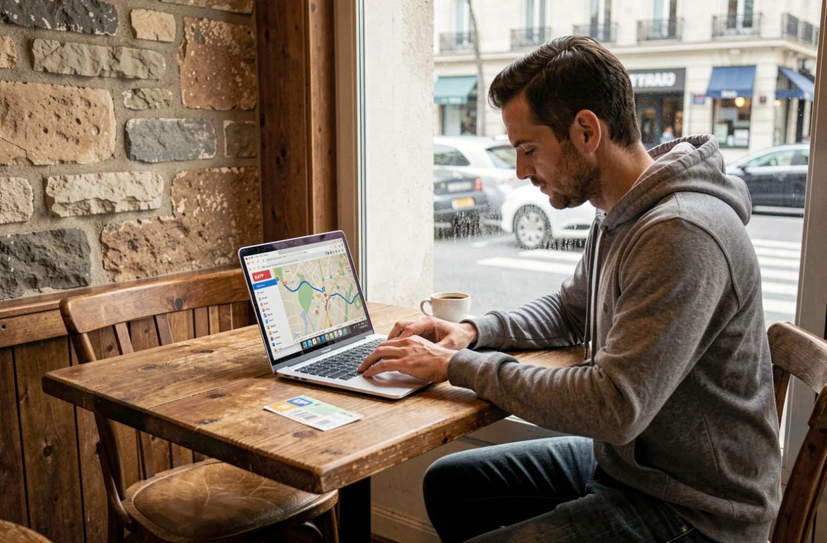 Homme planifiant un itinéraire optimal avec Google Maps et le trafic RATP en temps réel dans un café parisien
