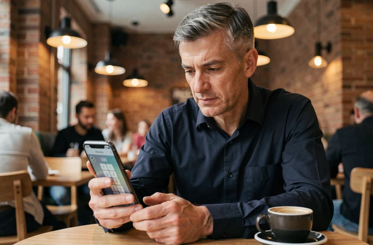 Homme consultant CodyCross sur smartphone dans un café pour trouver le mot de passe quotidien