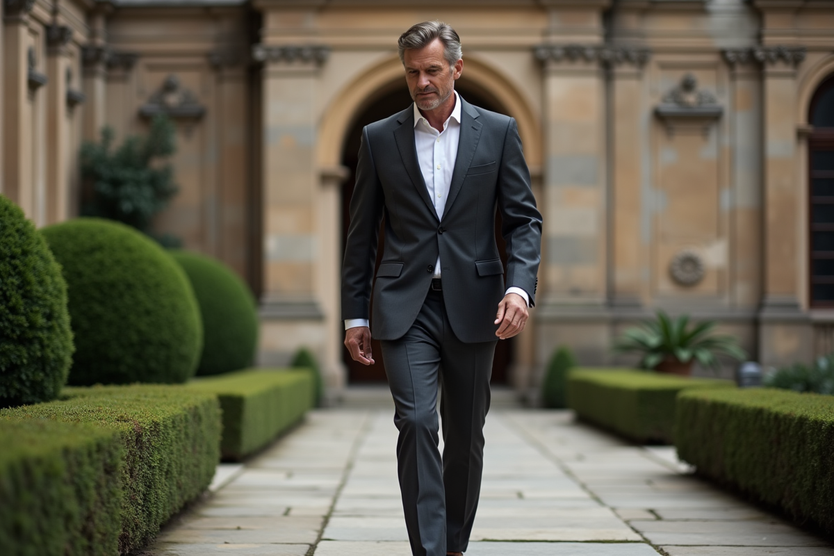 Homme en costume dans une cour ornée de pierre