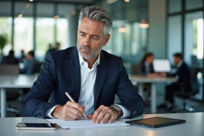 Homme en costume esquissant dans un espace de coworking moderne