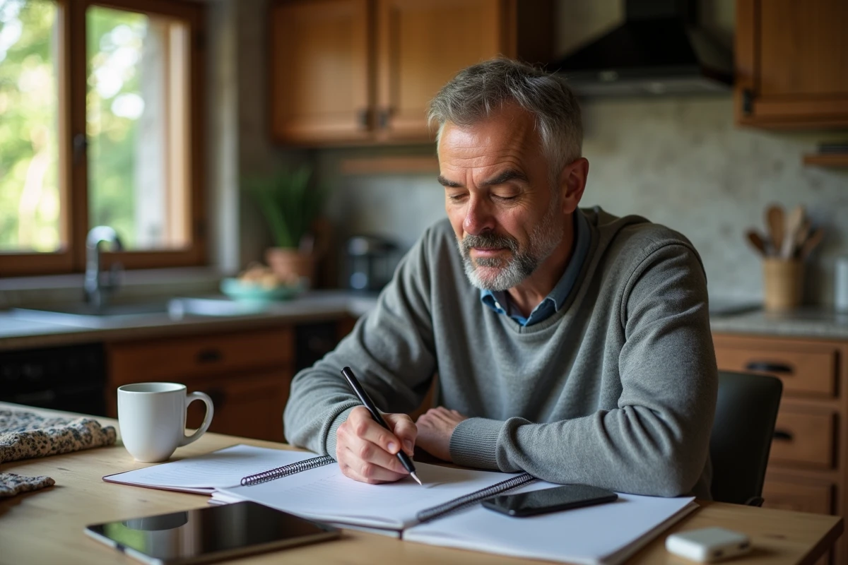 Homme inspiré écrivant dans sa cuisine chaleureuse et rustique