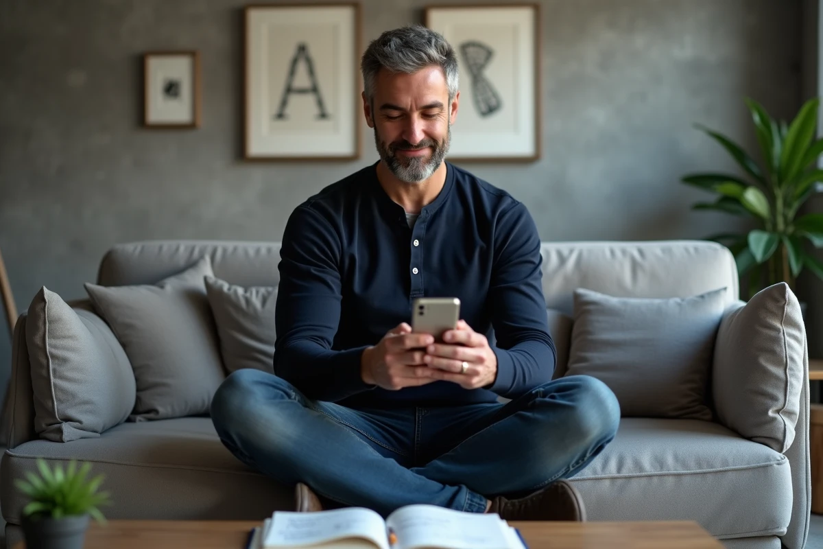 Homme jouant à un jeu de mots sur smartphone avec une expression de découverte dans un salon moderne