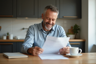 Homme d'âge moyen souriant en lisant des documents de prêt immobilier