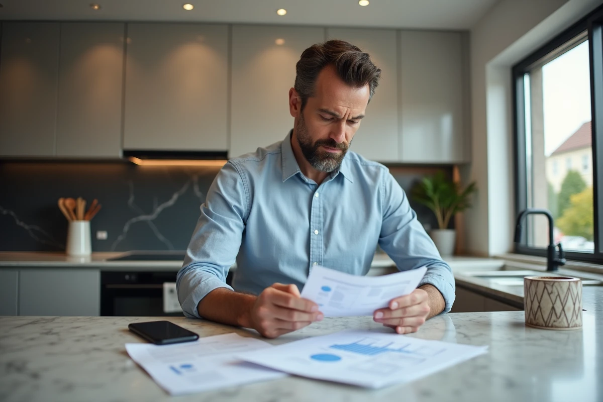 Homme examinant des rapports de valuation immobilière dans la cuisine