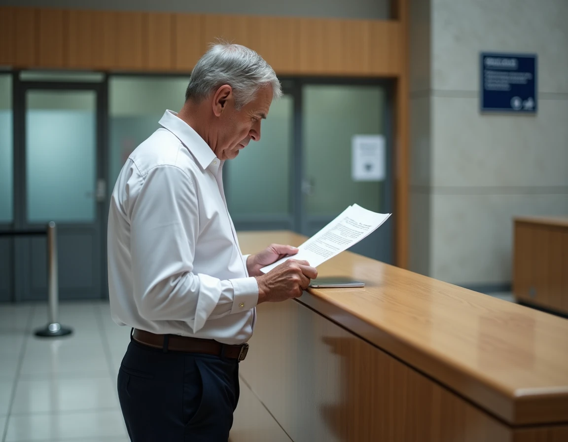 Homme lisant une lettre officielle avant de la remettre à la préfecture, formule de politesse visible