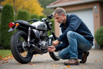 Homme vérifiant la chaîne de sa moto Dax Skyteam