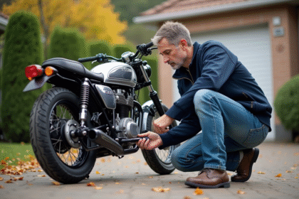 Homme vérifiant la chaîne de sa moto Dax Skyteam