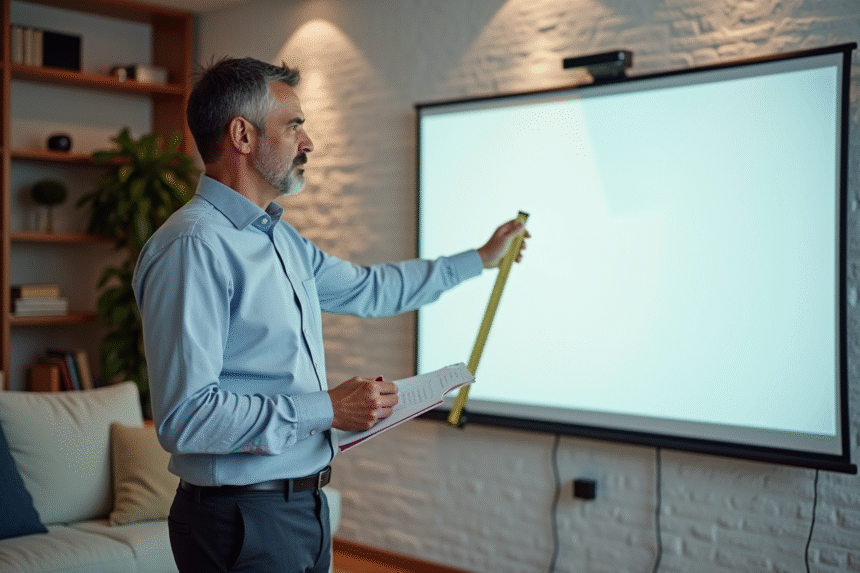Homme d'âge moyen examine un écran dans un salon moderne