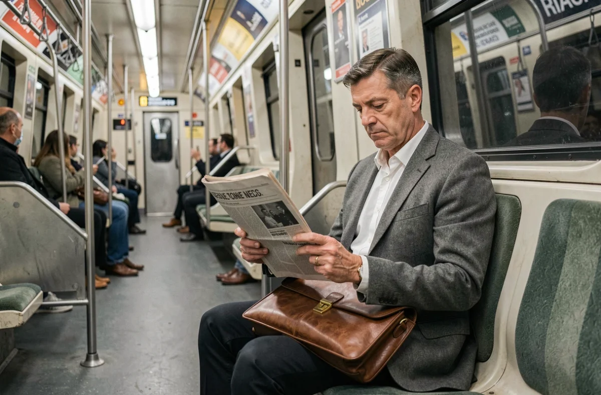 Homme lisant un journal à bord du métro RATP ligne 3 lors de son trajet quotidien domicile-travail à Paris