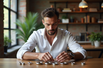 Homme en chemise blanche examine bijoux dans un loft moderne