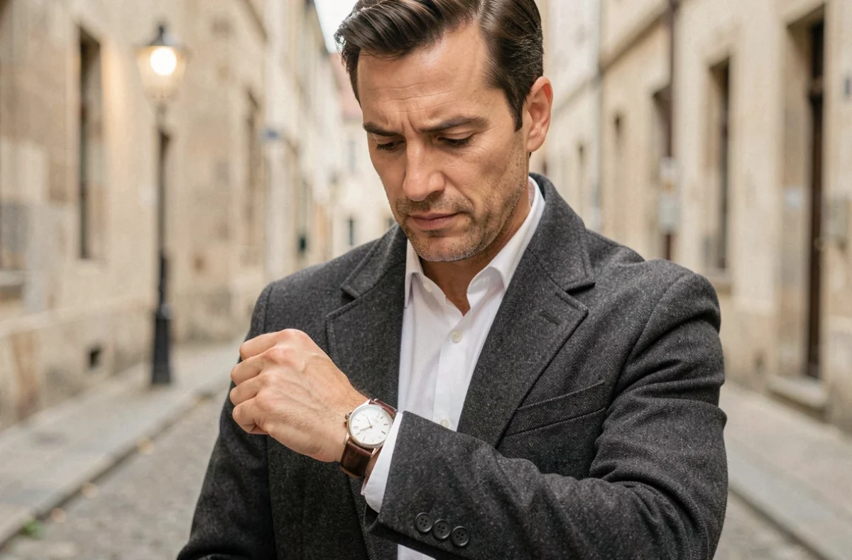 Homme regardant sa montre analogique dans une rue pavée, symbolisant la prise de conscience de l'heure miroir 11h22 selon la numérologie