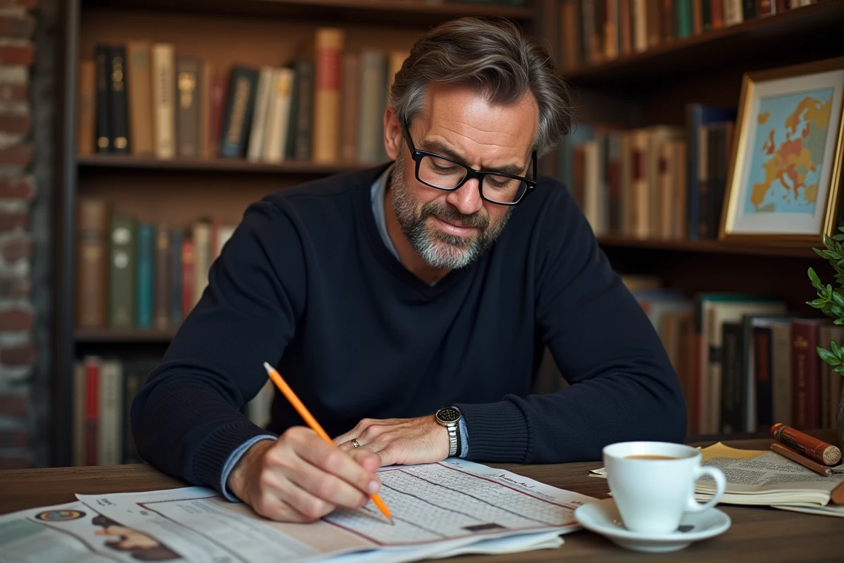 Homme concentré sur des mots croisés à son bureau avec magazines et carte de Belgique en arrière-plan
