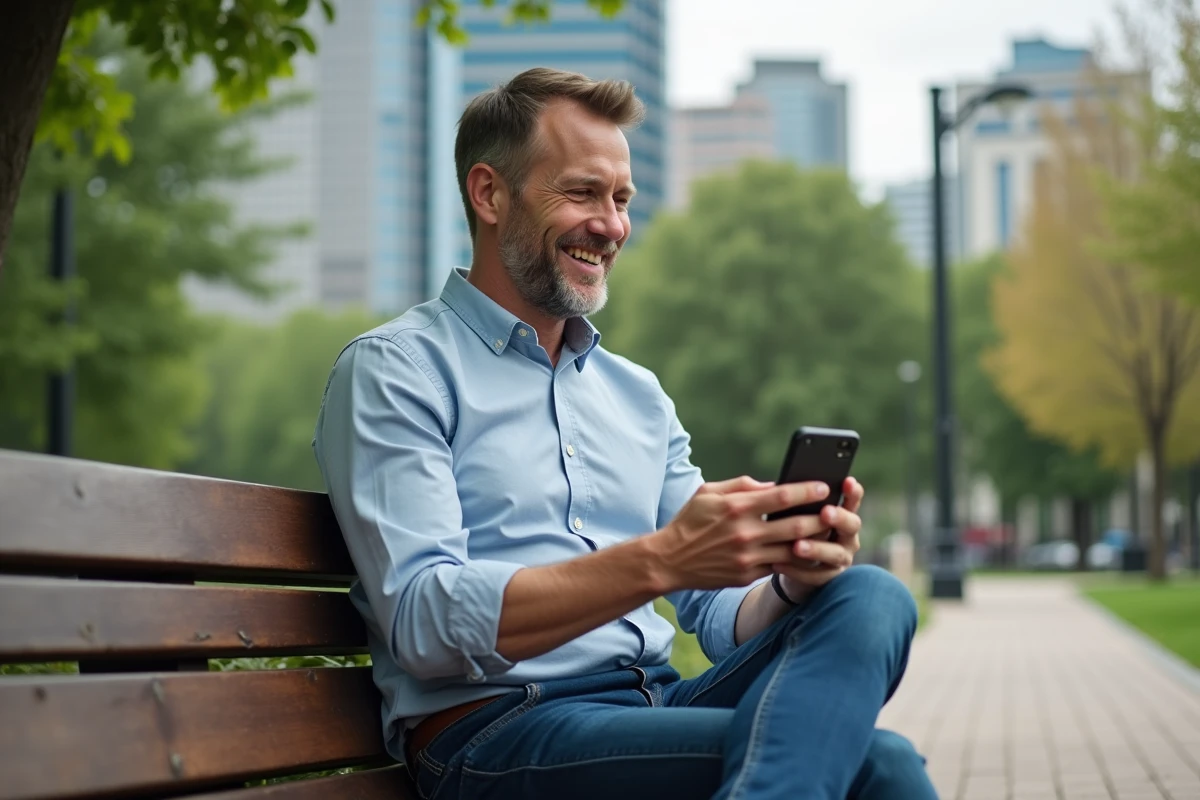 Homme assis dans un parc utilisant son smartphone pour voicemail