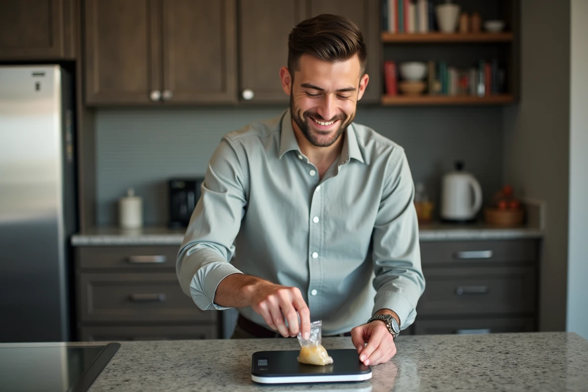 Jeune homme pesant un paquet dans une cuisine moderne