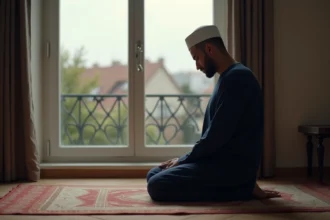 Homme en thobe priant sur un tapis à Toulouse