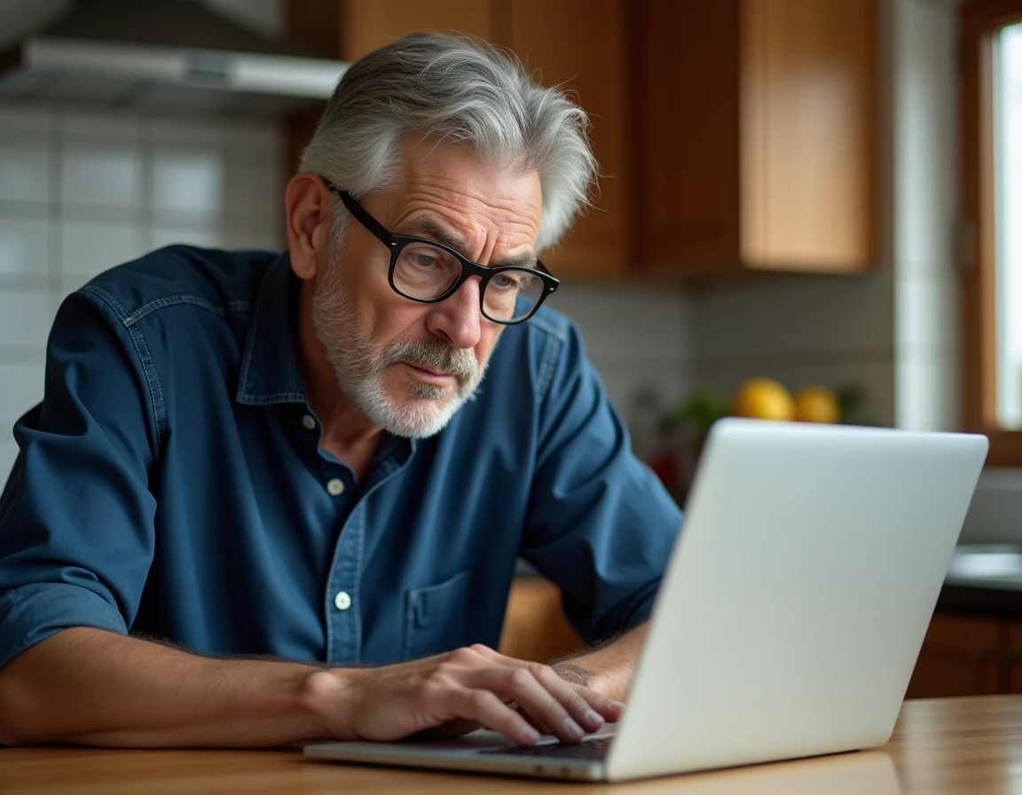 Homme scrutant des résultats de recherche et des données numériques sur un ordinateur portable à la maison