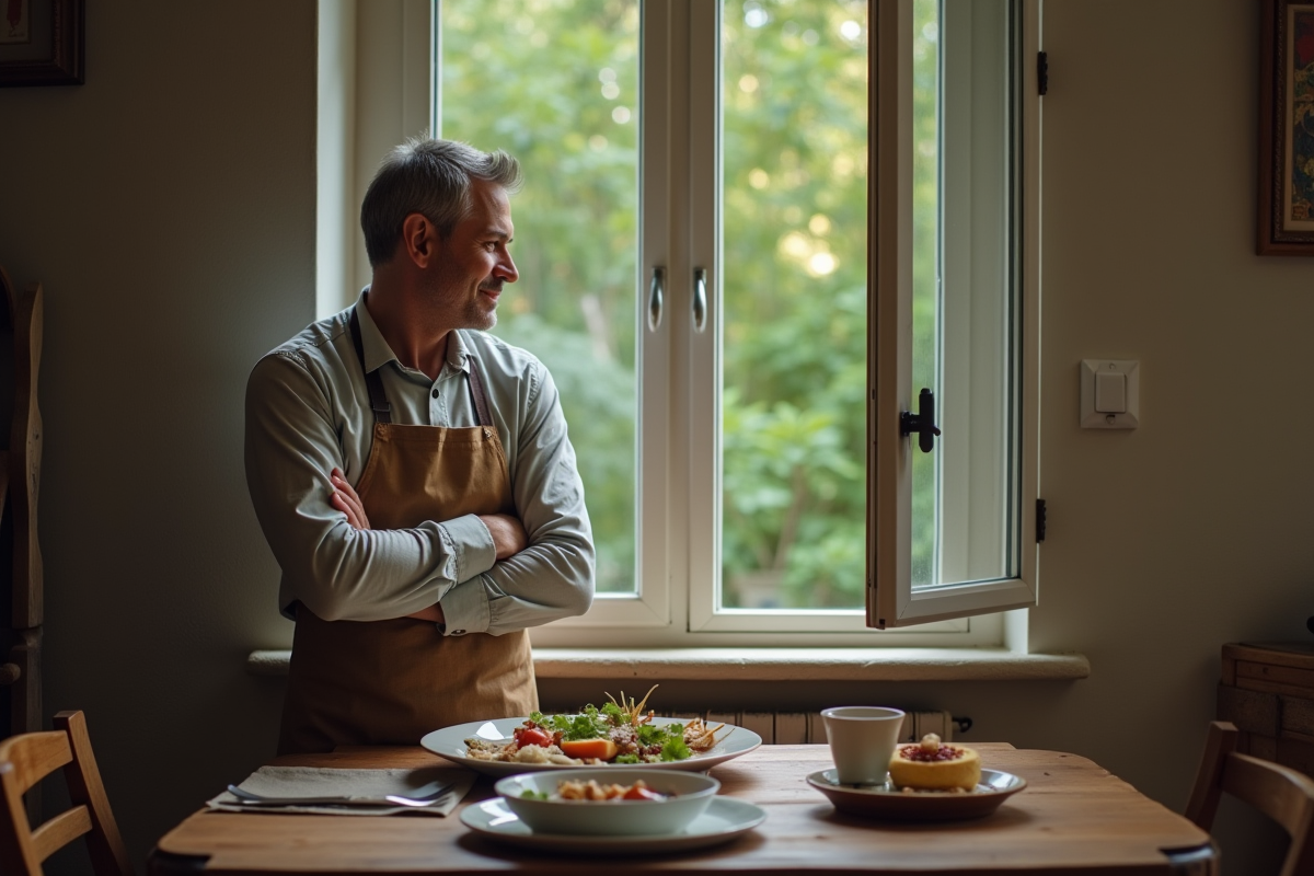 Homme pensif près de la fenêtre avec repas non consommé