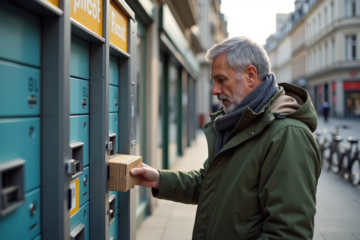 Homme scanne un colis devant un casier urbain